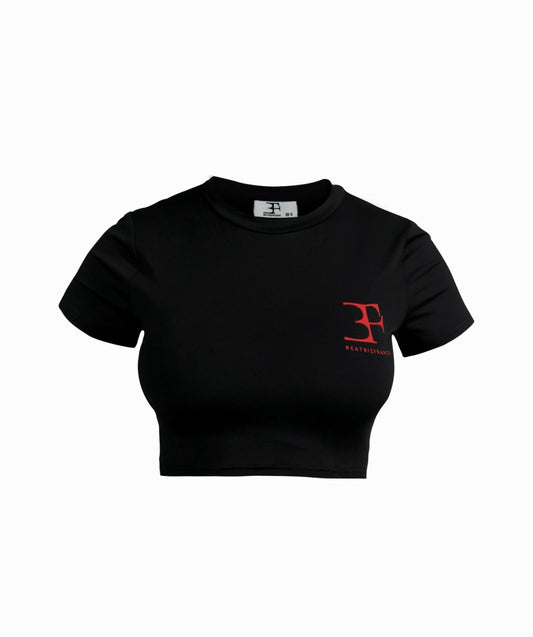 Crop top with logo and black skirt
