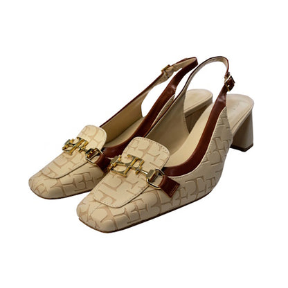 Mary Jane Sandals Beige Brown with gold bukcle