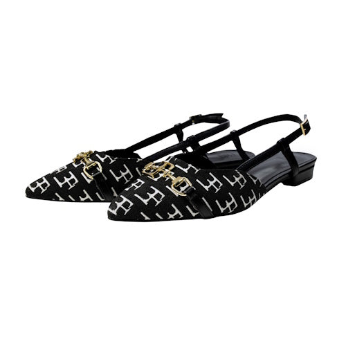 Mule Sandals Black and White with gold bukcle