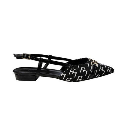 Mule Sandals Black and White with gold bukcle