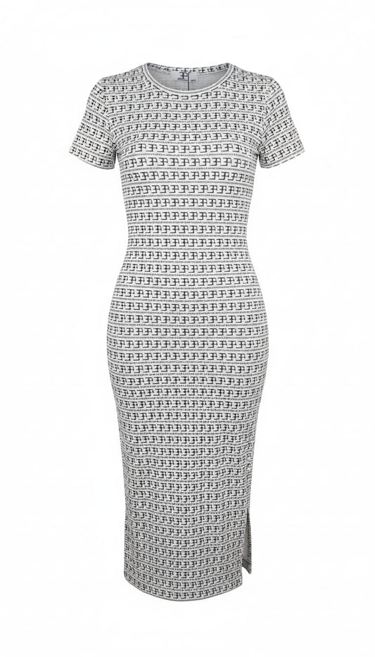 White dress with black logo
