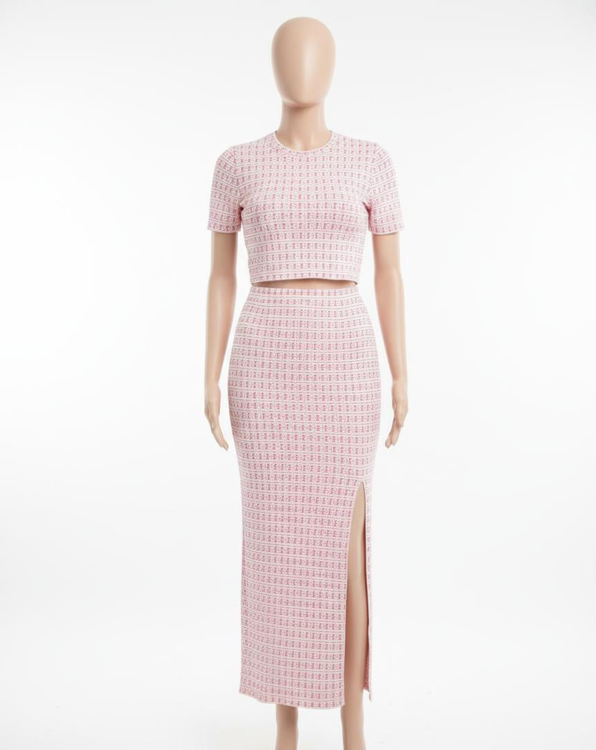 Pink crop top and skirt with logo