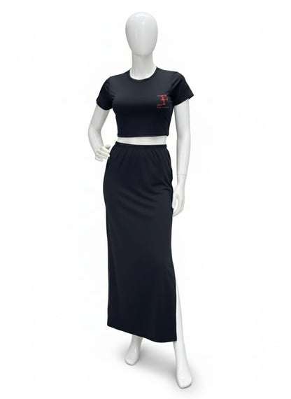 Crop top with logo and black skirt